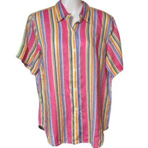 Ralph Lauren Linen Short Sleeve Top Blouse Striped Colourful Women's Size Medium